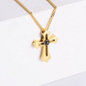 Big Cross Custom Photo Necklace Gold