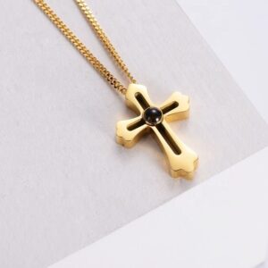 Big Cross Custom Photo Necklace Gold