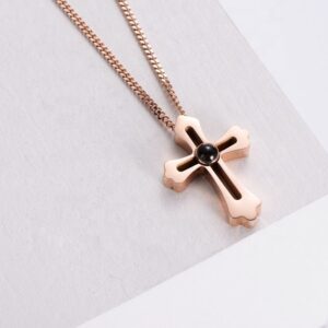 Big Cross Custom Photo Necklace Rose Gold