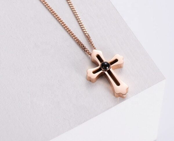 Big Cross Custom Photo Necklace Rose Gold