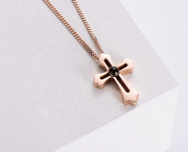 Big Cross Custom Photo Necklace Rose Gold